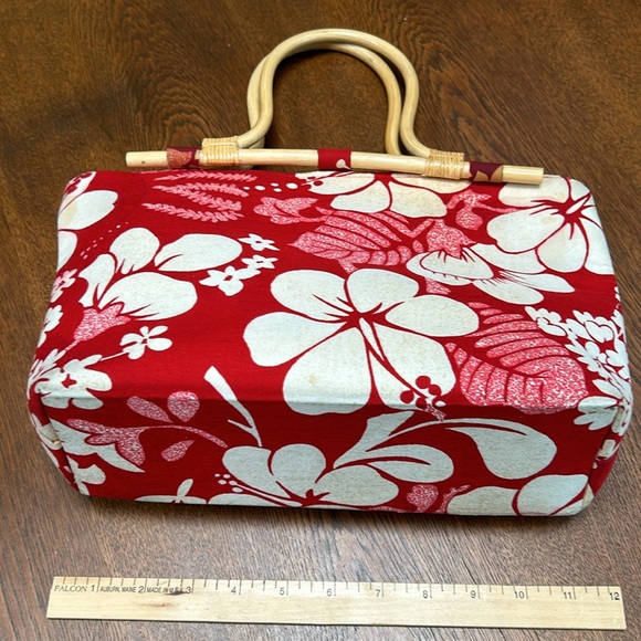 Hula Bay Bag - tropical print- bamboo handles - orchids/Hawaii style red &white - Picture 1 of 4